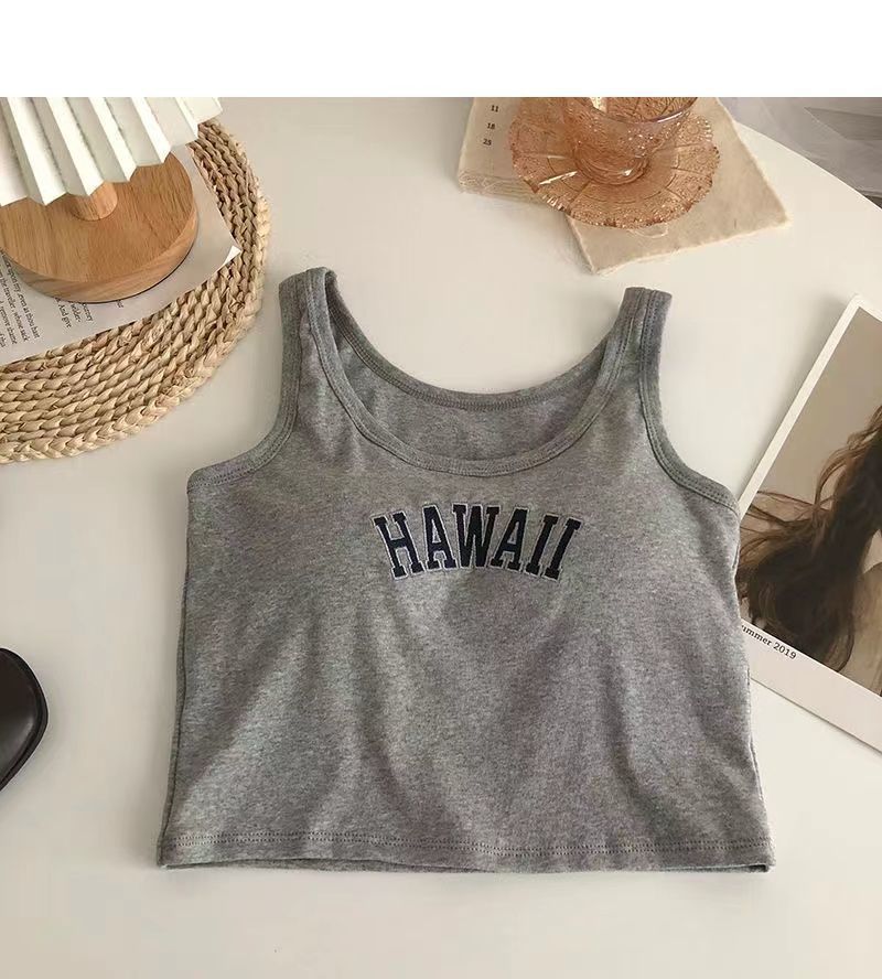 Semplice canotta traspirante in puro cotone con lettere per abbigliamento sportivo all'esterno e all'interno, top corto all-match slim sul retro_voghion.com