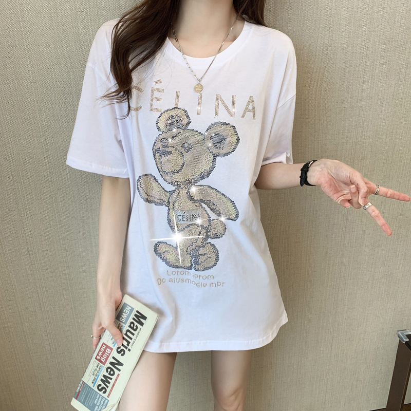T-shirt estiva a maniche corte nera Bear Hot Diamond da donna in cotone pettinato, versione ampia di media lunghezza_voghion.com