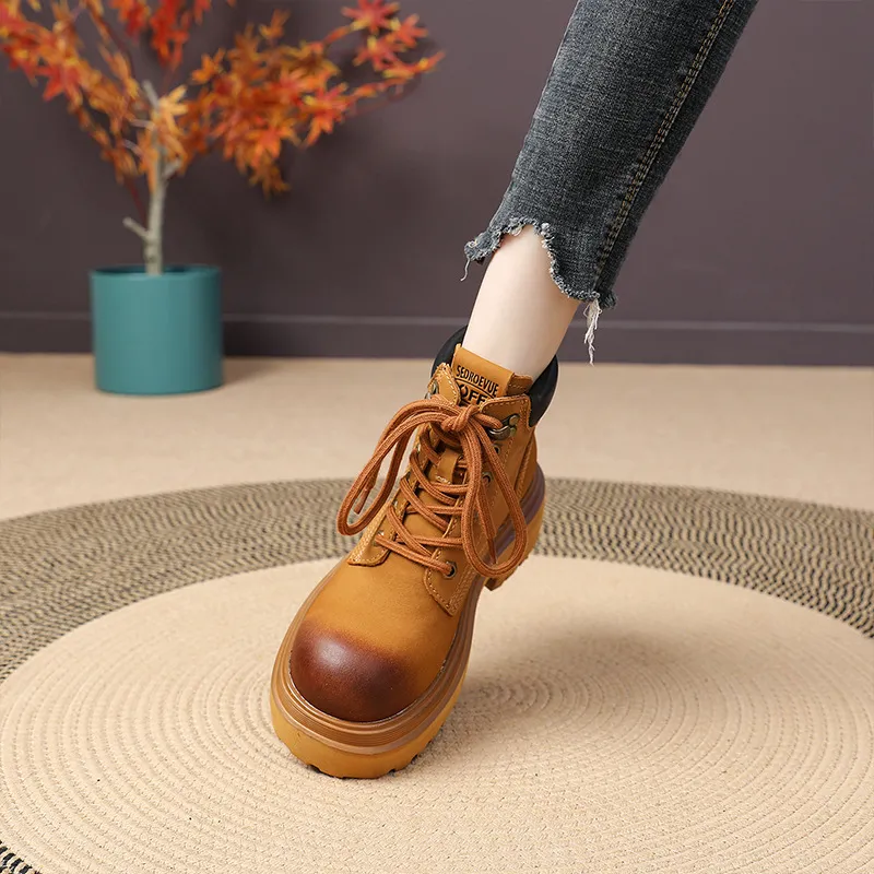 Genuine Leather Motorcycle Boots For Women Round Toe Thick Sole_voghion.com