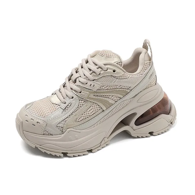 Genuine Leather Air Cushion Round Toe Thick Sole Dad With Mesh Surface For Comfortable Breathable Casual Sports Shoes_voghion.com