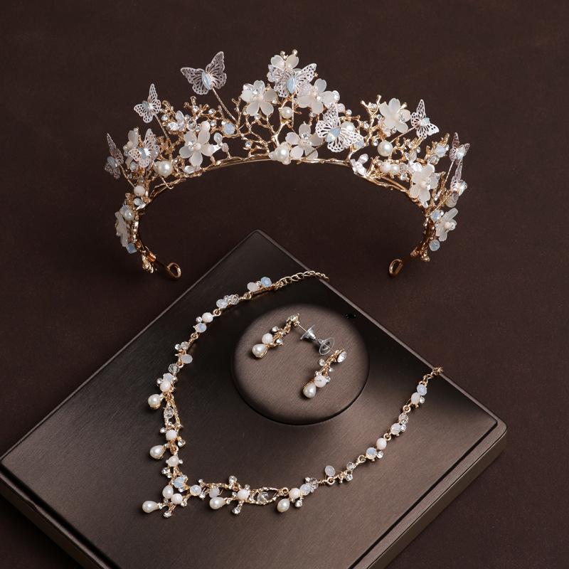 Brautkrounenset mat dräi Deeler, Accessoiren fir Hochzäitskleeder vun héijer Qualitéit, Krounenhalskette fir Kappschmuck, Hoeraccessoiren fir Fraen, Bëschpäiperleken_voghion.com