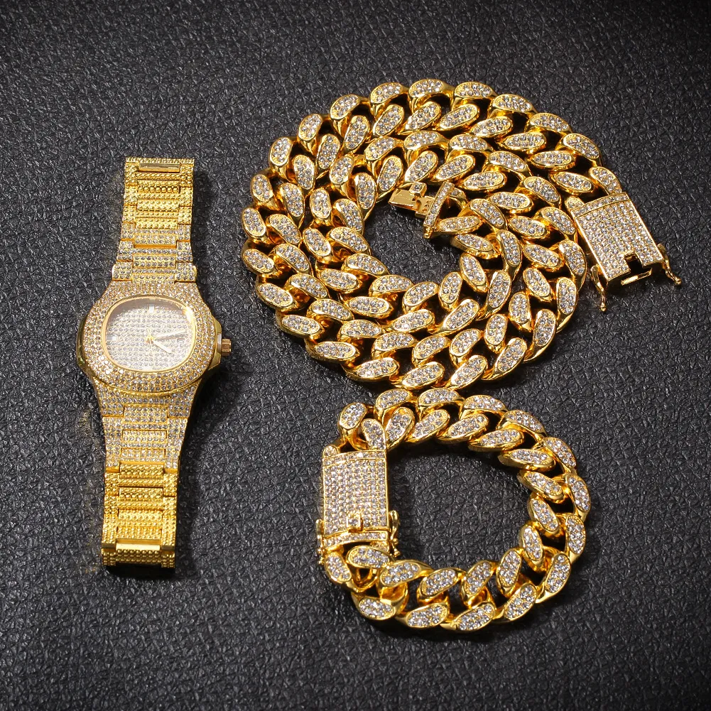 Νέα μόδα εξατομικευμένη 20 χιλιοστά χρυσό Blingbling ανδρών κουβανέζικη αλυσίδα συνδέσμων κολιέ βραχιόλι σετ ρολογιών χιπ χοπ ράπερ κοσμήματα_voghion.com