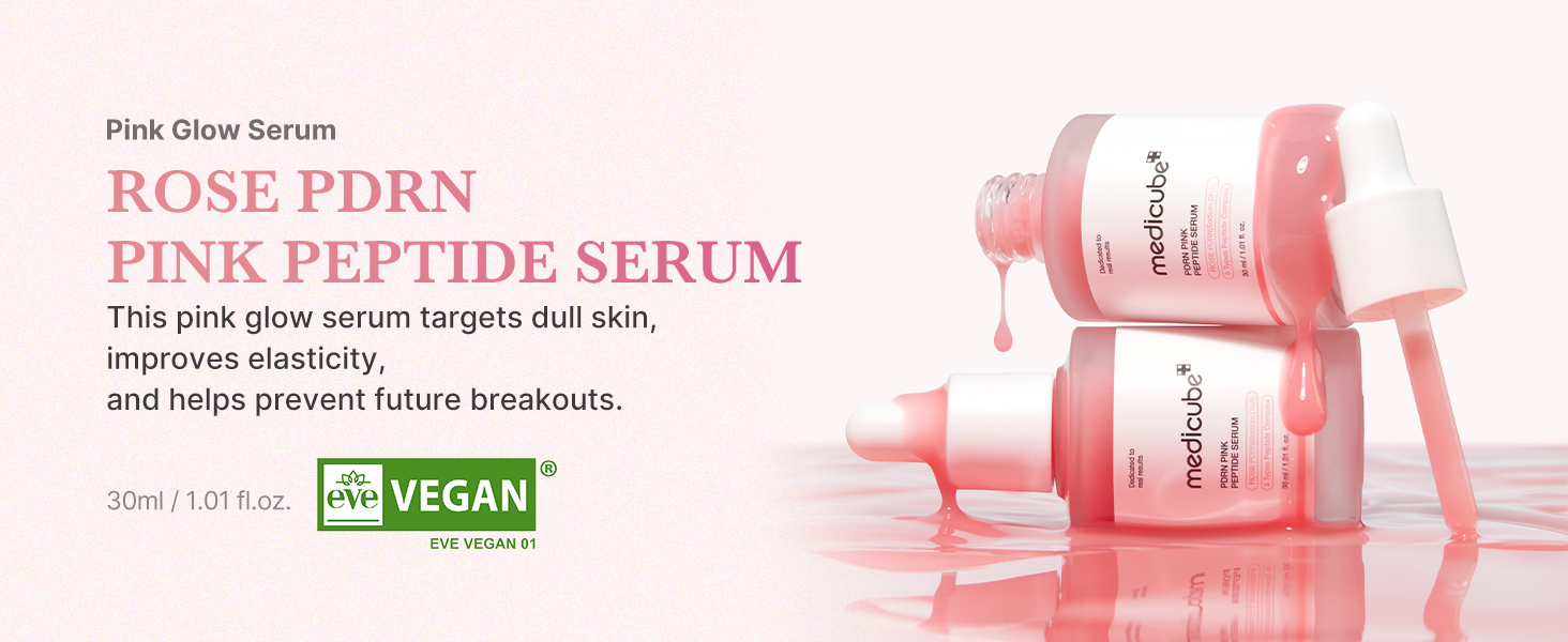 ser cu peptide roz PDRN medicube, ser strălucitor roz, peptidă, niacinamidă, hidratare și hidratare și fermitate, nuanță neuniformă a pielii_voghion.com