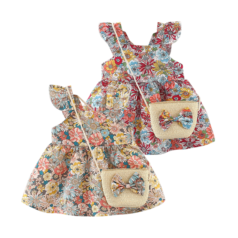 Fashion Girl Clothing Cotton Summer Flower Dress With Bag For Birthday Clothes_voghion.com
