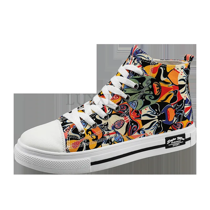 Zapatos de lona con grafiti callejero, punta redonda y suela plana para parejas, transpirables, antideslizantes y de moda._voghion.com