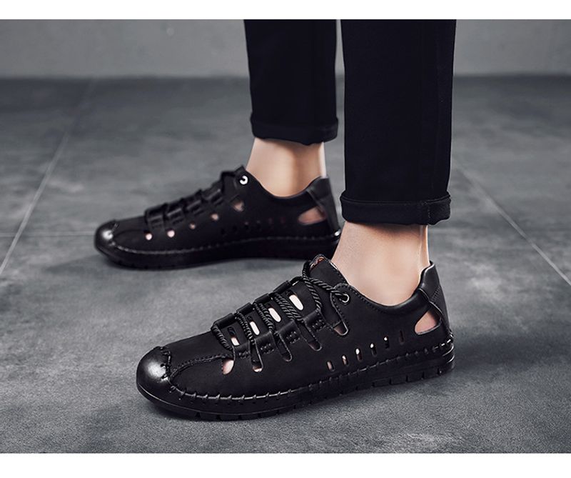 Sommer nye herresandaler, udendørs strand håndlavede hule åndbare fritidssko med hul, snørebånd indpakkede lædersko_voghion.com