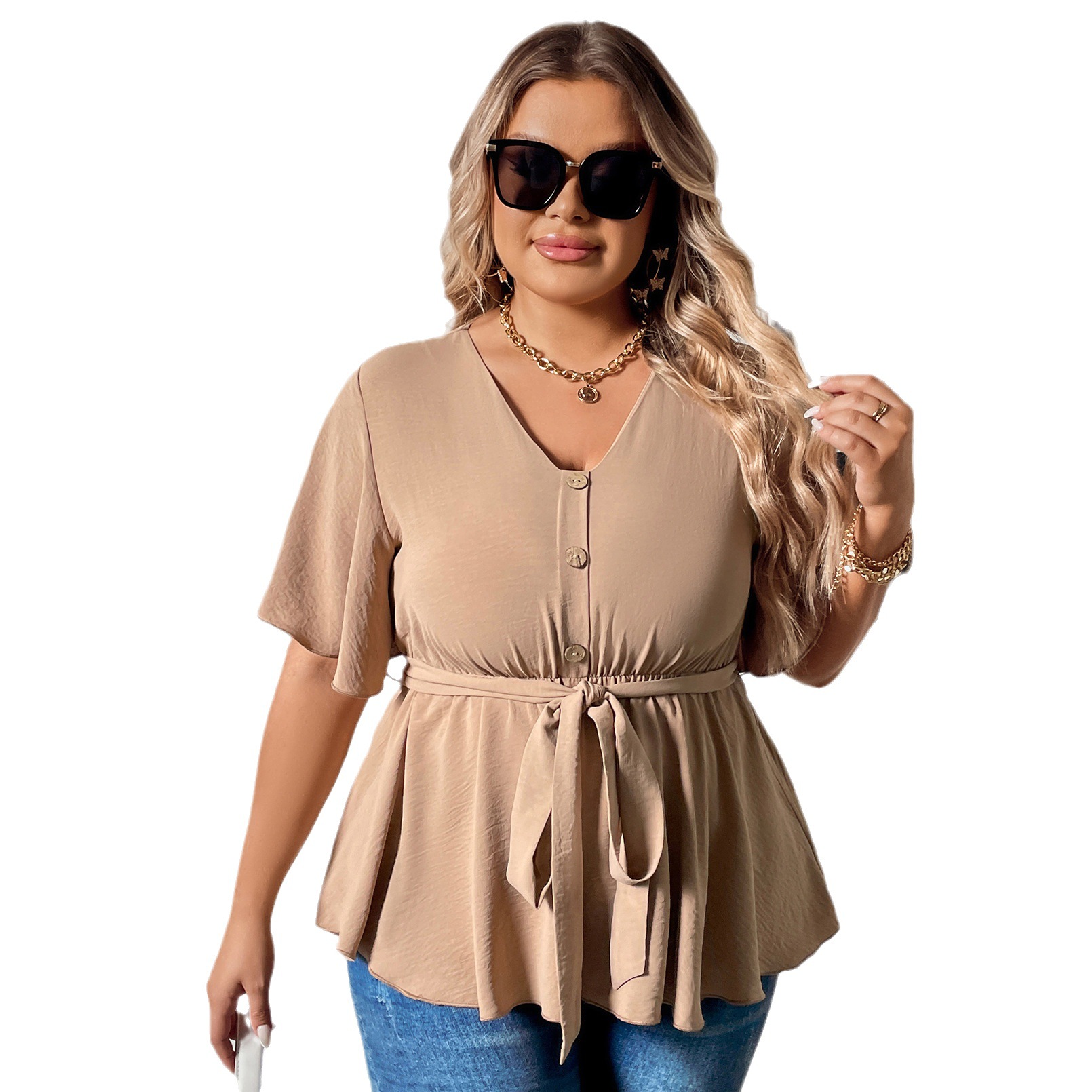 Damen V-Ausschnëtt Schlankheets-Tops fir grouss Gréissten MM Casual Damen_voghion.com