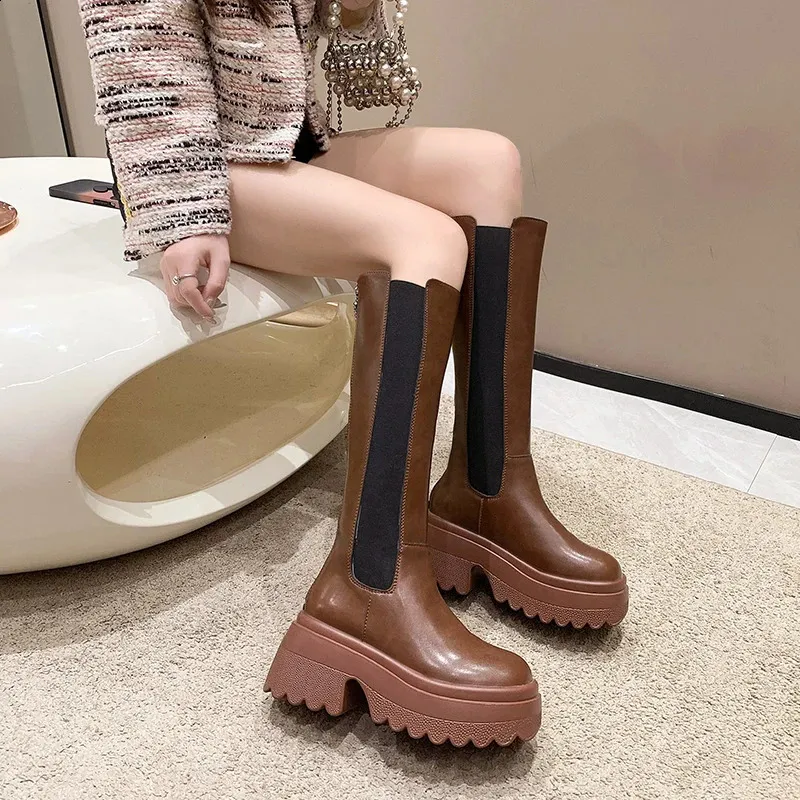 Platform Knee-high Boots For Women Leather Winter Motorcycle Style_voghion.com