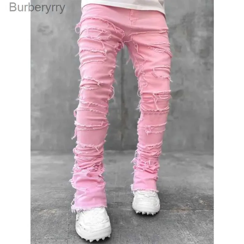 Jeans aderenti aderenti da uomo con frange hip-hop R Edge elastici e toppe punk rock lunghi e attillati, pantaloni in denim blu rosa_voghion.com
