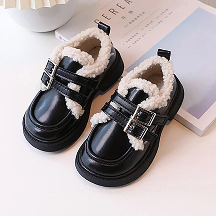 Children Leather Loafers for Boys Girls Winter Thick Soled Lamb Wool Warm Happysteps Girl Uniform Princess School Cotton_ecoleips.com