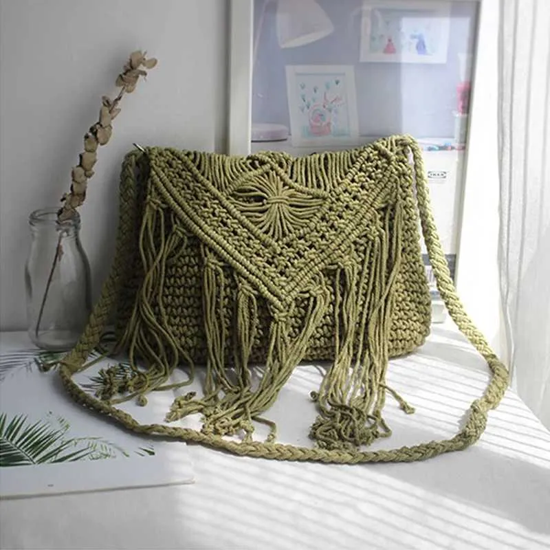 Handmade Cotton Woven Knitted Crossbody Bag With Tassels Vintage_voghion.com