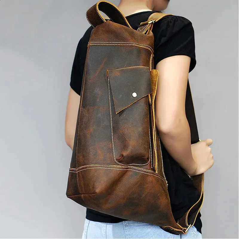 Featured Mens Genuine Backpack Crazy Horse Leather Daypack Travel Male Laptop Unique Bagpack Man Chest Bag 240902_voghion.com