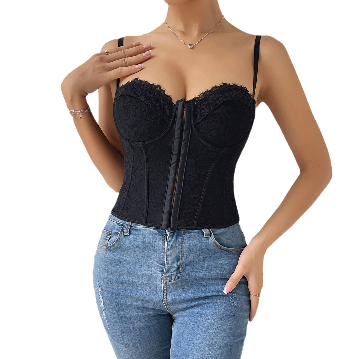 Women's clothing Style Sexy Solid Color Lace Strappy Fishbone Underwire Chest Wrap Breasted Open Back Small Vest_voghion.com