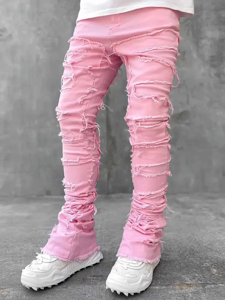 Mens Streetwear Ripped Jeans Fashionable Cool Stretch Pink Stacked Edge Denim Mens Y2K Punk Patch Work Hip-hop Pants_mkmklike.com