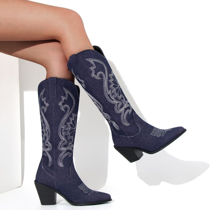 Spitzer Westernstiefel aus Wildleder-Denim mit Stickereien und klobigem, mittelhohem Absatz_voghion.com