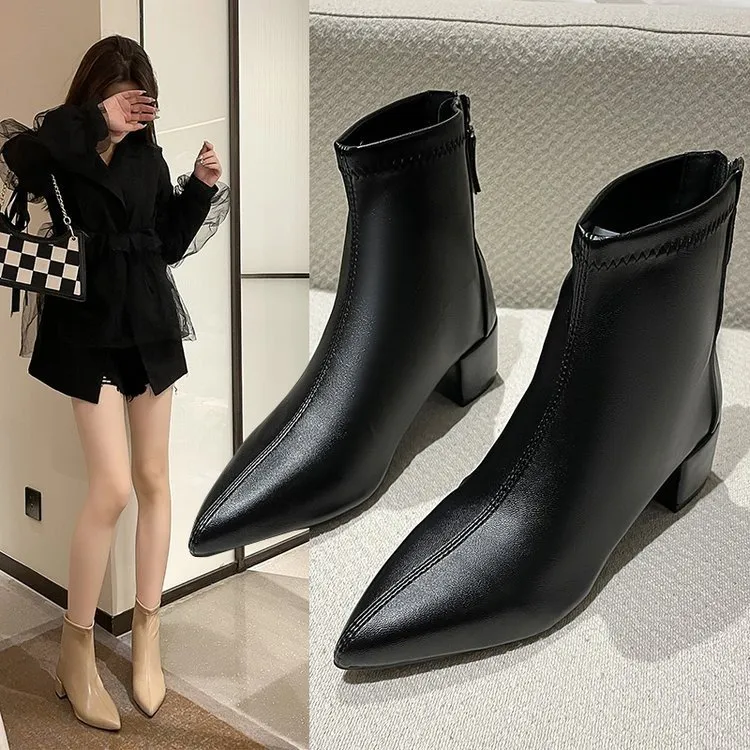 Women's Elegant Black Soft Leather High Heel Pointed Toe Slimming Stretchy Knee-length Boots New Arrival Autumn/winter_voghion.com