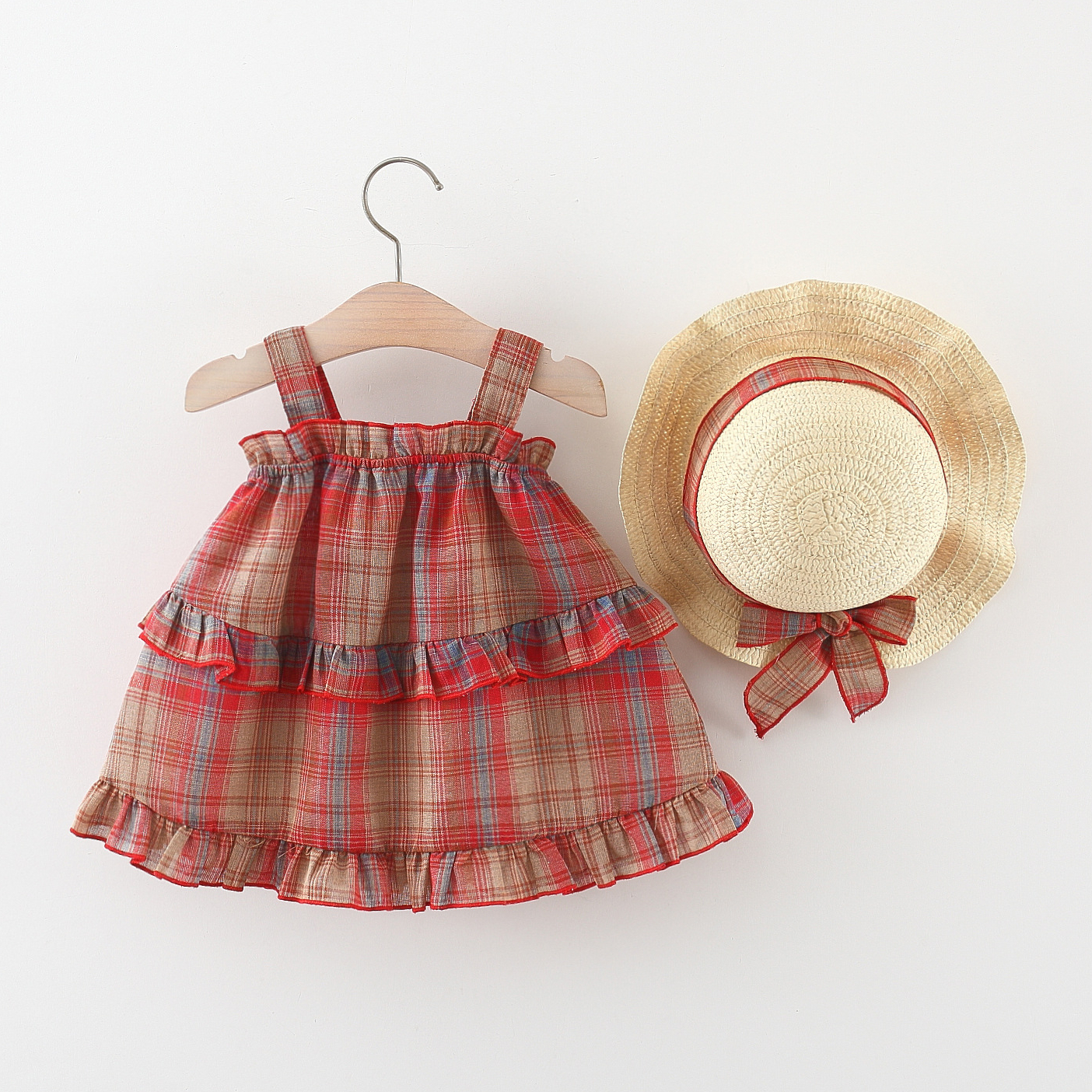 Toddler Girl Dress Red Checkered Pattern Cotton Dress High Quality Kids Clothes Send Hat_voghion.com