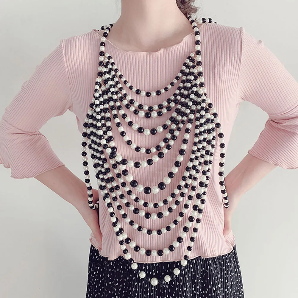 Chaînes Long Collier Blanc Noir Femmes Taille Réglable Bijoux En Plastique Perle Corps Chaîne Anniversaire Épaule_voghion.com