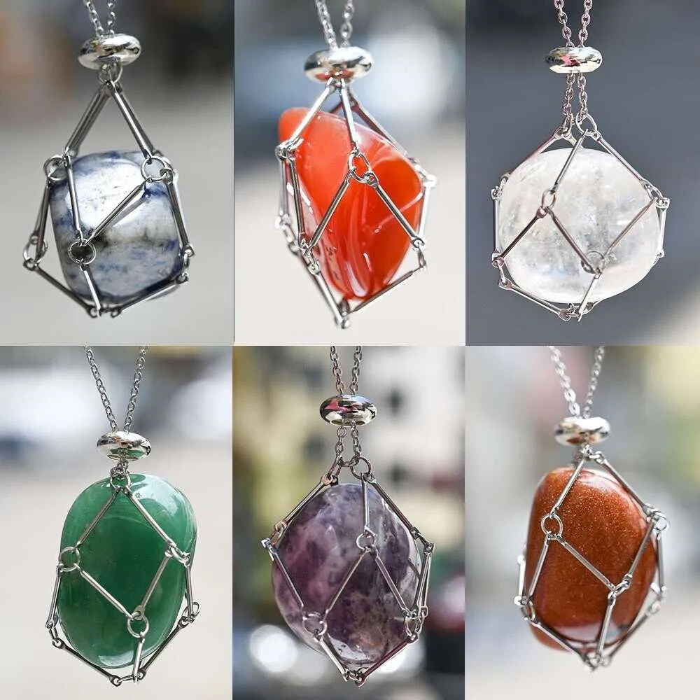 Collier avec pendentif en pierre naturelle interchangeable en forme de cage en cristal, bijou esthétique en forme de marée de loup pour hommes et femmes_voghion.com
