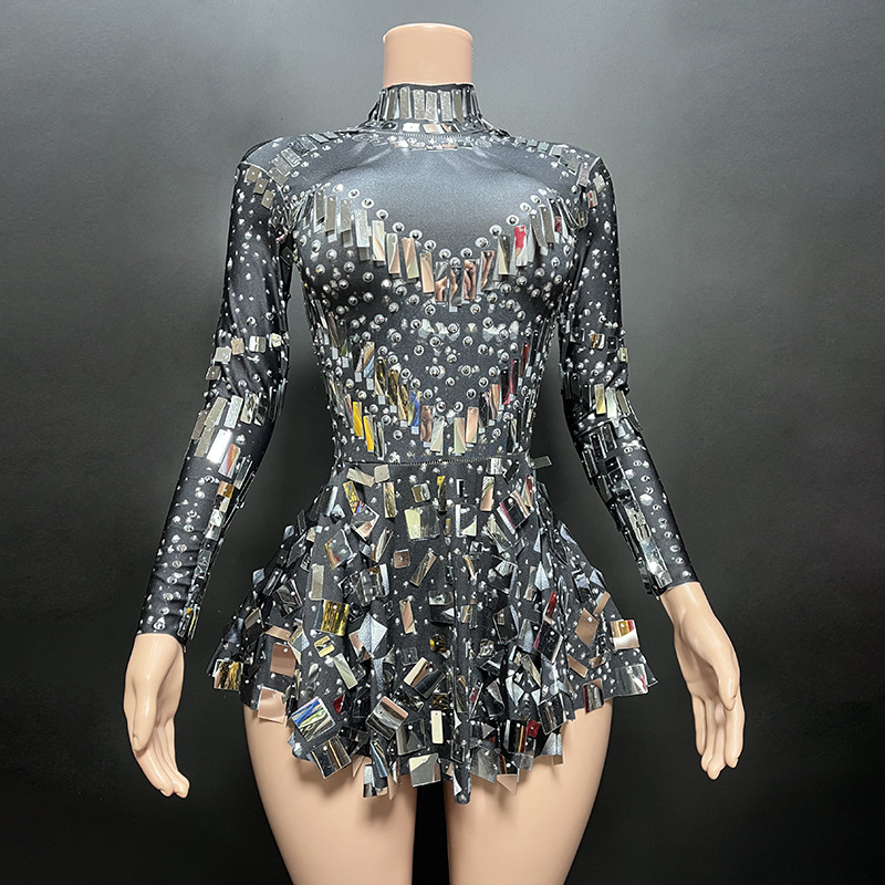 Damenbekleidung Glänzende Pailletten Diamanten Ausflug Party Elegante Slim Fit Langarm Kurzer Rock Minikleid_voghion.com