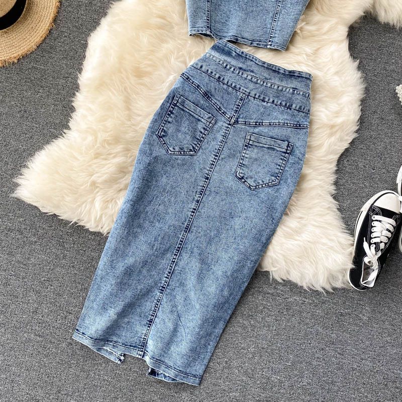 women's sexy short camisole high waist denim skirt_voghion.com