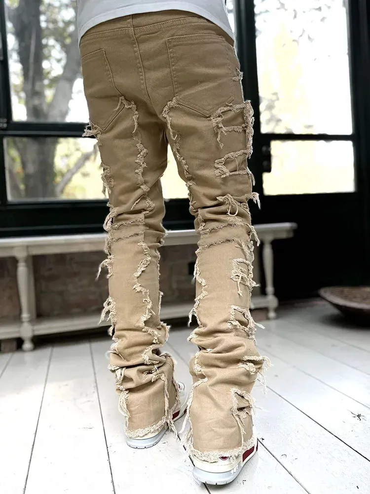 High Street Weiße Herren Stacked Jeans Stretched Patchwork Tassel Damaged Denim Volle Länge Hosen Hippop Hosen Für Männer_voghion.com