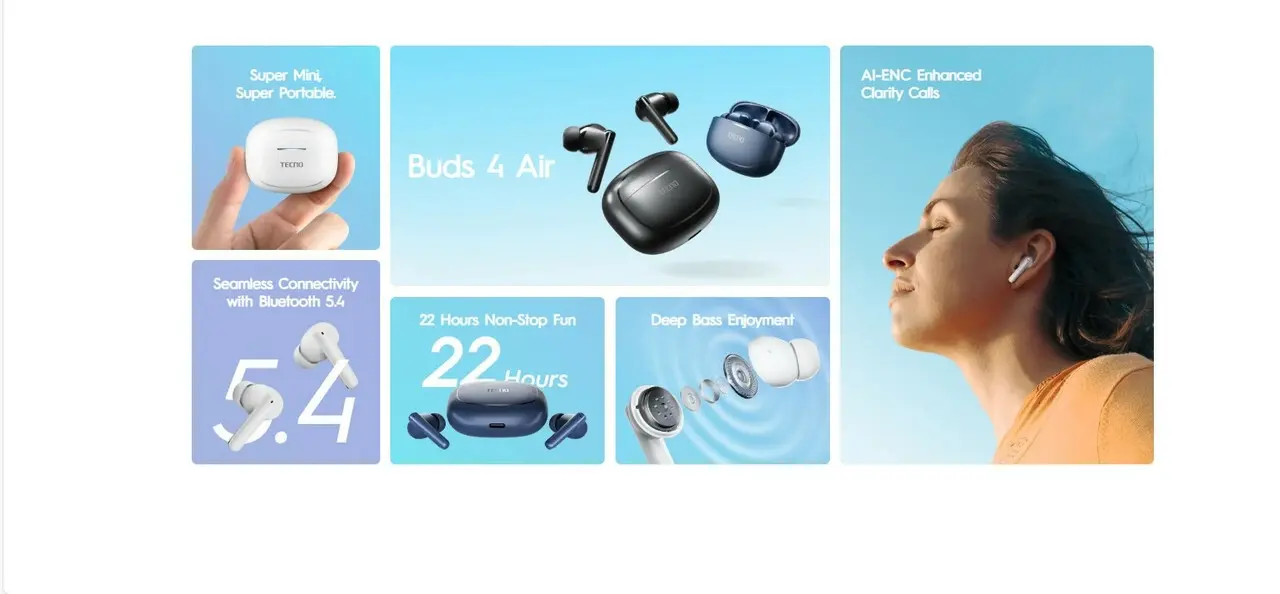 Cuffie bluetooth tecno buds 4 air con audio bassi profondi_voghion.com