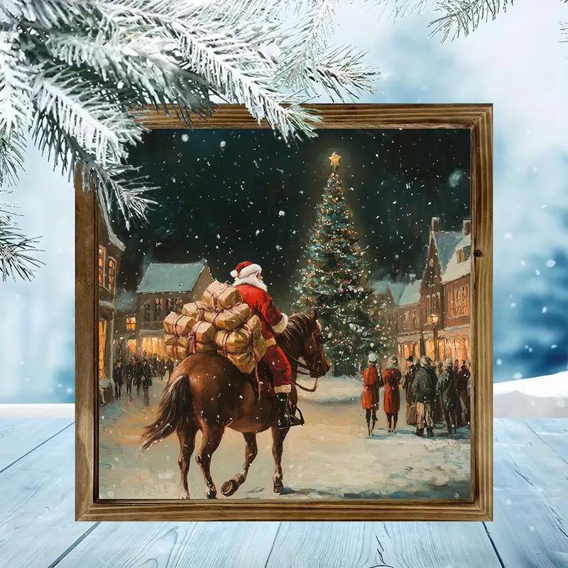 Tablou de perete din lemn cu Moș Crăciun cowboy de 20x20 cm - Moș Crăciun festiv din vest, cal călare sub stele. Decor unic de Crăciun, în stil rustic._voghion.com