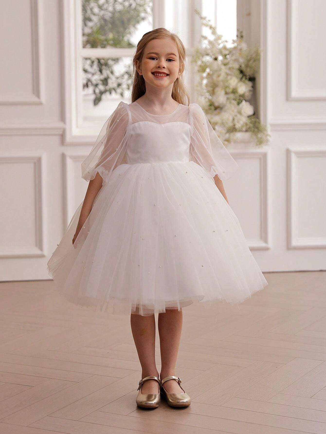 Robe de fête pour enfant, robe de princesse à nœud et fleurs, idéale pour un mariage, une fête, un anniversaire, Noël, un bal de fin d'année ou toute autre occasion importante._voghion.com