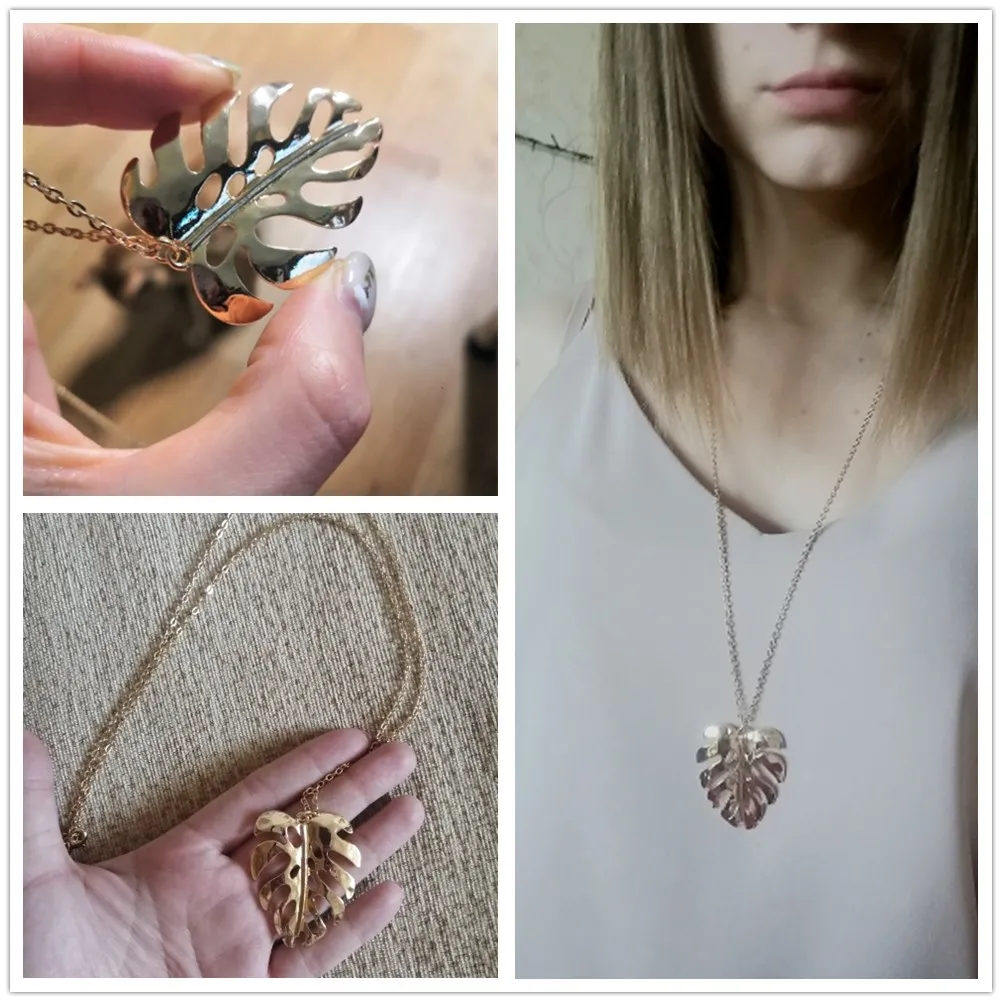 Colliers pendentifs tendance couleur or simple grande feuille Monstera collier long pour femmes vêtements décontractés indant Sidn22_voghion.com