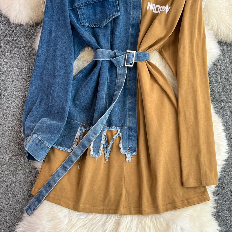 Damenbekleidung Temperament Taille mit Gürtel farblich passendes Denim lässiges mittellanges T-Shirt-Kleid_voghion.com