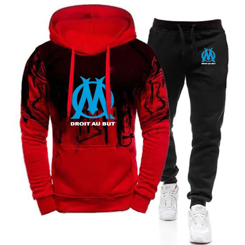 Trainingsanzüge für Herren DROIT AU BUT Marseille 2023Herren Langarm-Kapuzenpullover mit Farbverlauf, Freizeitjacke, Sportmantel, Hose_voghion.com