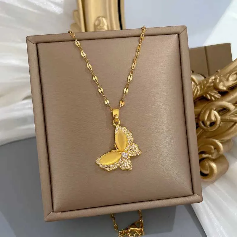 Collane con ciondolo in cristallo CZ giallo, a forma di farfalla, girocollo, in zirconia, in acciaio inossidabile, gioielli da donna, regali di nozze per_voghion.com