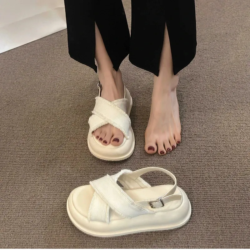 Gladiator Sandals For Women Denim Thick Sole Elegant Beach Shoes_voghion.com