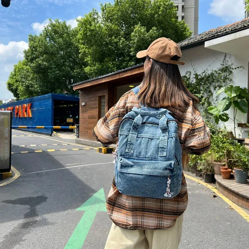 Retro Denim Womens Backpack Canvas Shoulders Bag College Knapsack Big Packbag Travel Rucksack Student Jeans Mochila Y2K_voghion.com