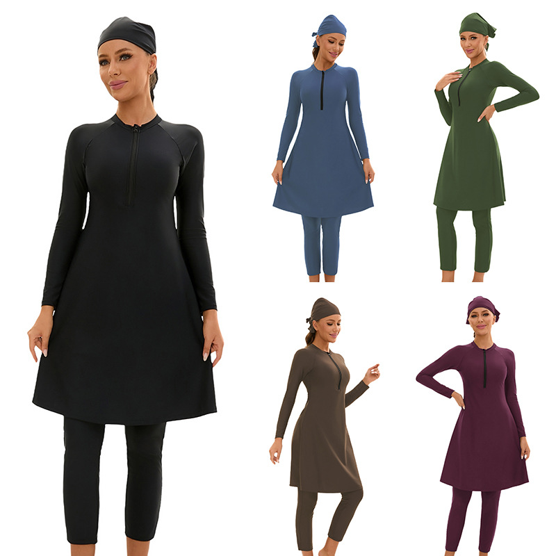 Women's Clothing Muslim Long Sleeved Three Piece Swimsuit For Women Solid Color, Fully Enclosed Sunscreen Skirt Swimsuit