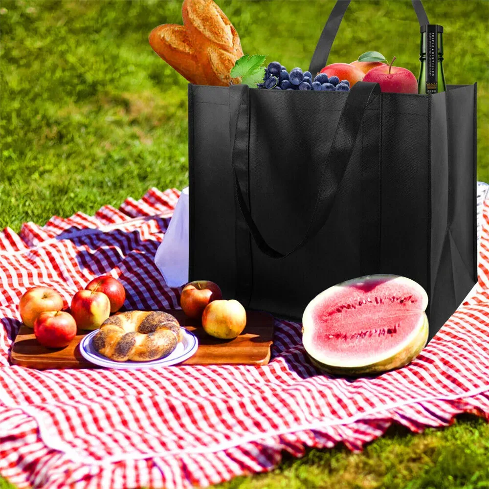 Non-Woven Black And Gray Simple Foldable Portable Eco-Friendly Large Capacity Reusable Grocery Duty Shopping Bags Totes_voghion.com