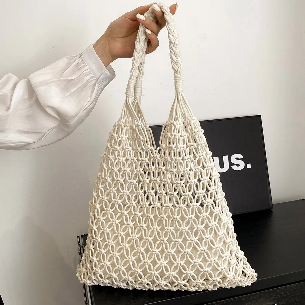 Borsa a tracolla leggera estiva alla moda in rete traforata da donna, in tessuto intrecciato, di alta qualità, grande, per la spiaggia delle donne_voghion.com