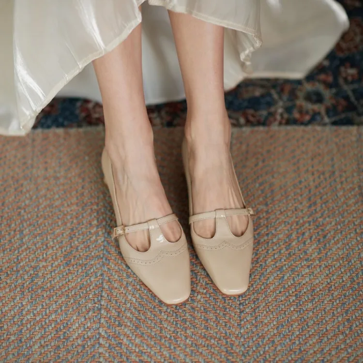 Shoes Spring/Autumn Patent Leather Solid Color T-shaped Buckle Pumps Square Toe Chunky Heel Versatile Mary Jane For_voghion.com