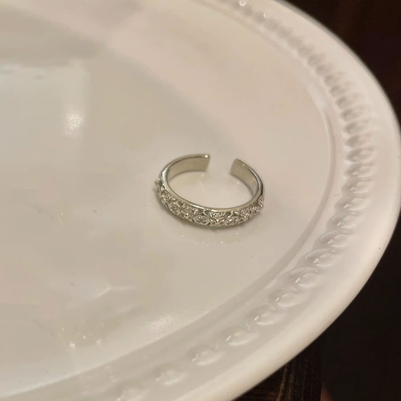 Conjunto de duas peças minimalista francês personalizado anel aberto escovado para mulheres com um estilo delicado, cheio de diamantes,_voghion.com