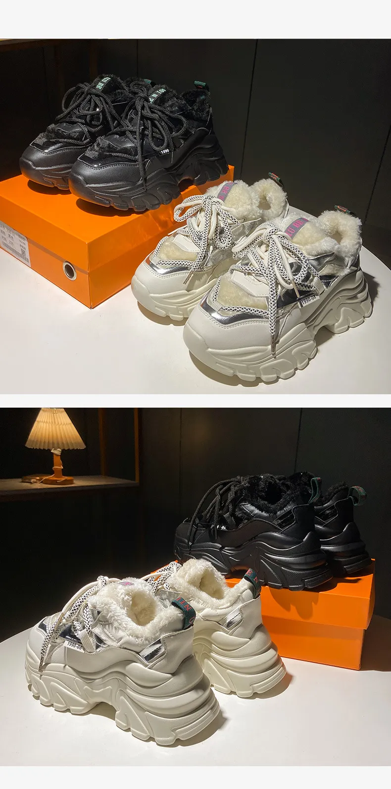 Chaussures de sport à semelle épaisse, bout rond, talon éponge pour plus de confort, moelleuses et chaudes, pour femmes, tendance et polyvalentes_voghion.com