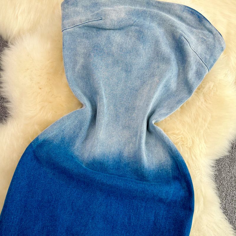 Women's color-changing tube top waist slimming mid-length back slit denim hip-hing dress_voghion.com