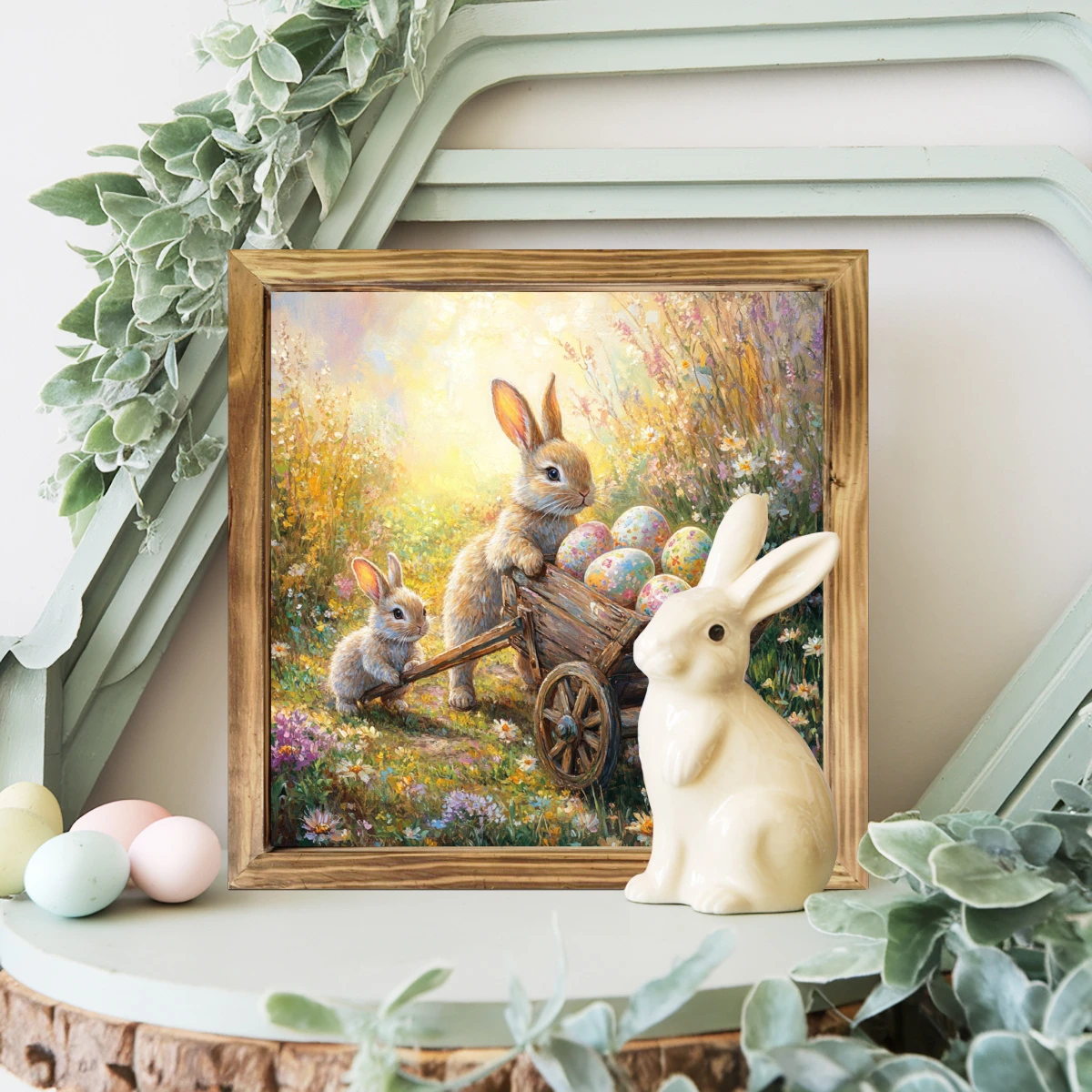 Rustikales Holzschild „Hase und Schubkarre“ (20,3 x 20,3 cm) – Bauernhaus-Wandkunst für Eingangsbereich, Küche und Wohnzimmer | Osterdeko und Geschenk_voghion.com