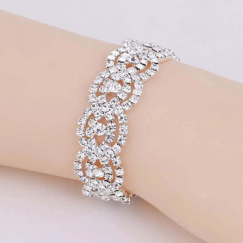 Conjuntos de joyas de boda TREAZY Sier Color Rhinestone Cristal nupcial para mujeres Collar Pendientes Pulsera Conjunto Accesorios_voghion.com