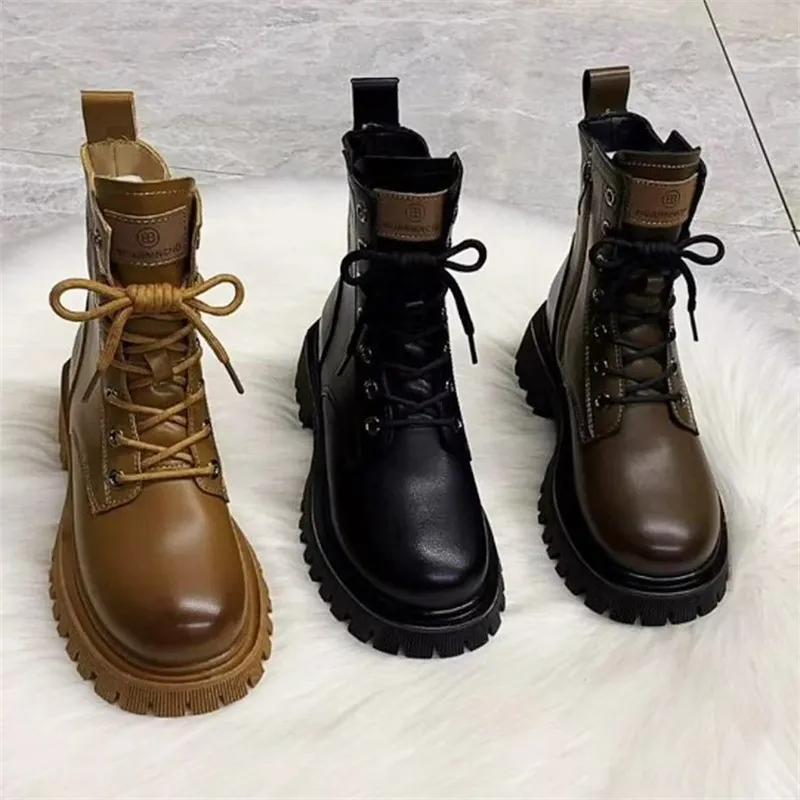 British Retro Style New Autumn/Winter Thick Bottom Zipper Lace up Black Classic Anti slip and Wear resistant Short Boots_voghion.com