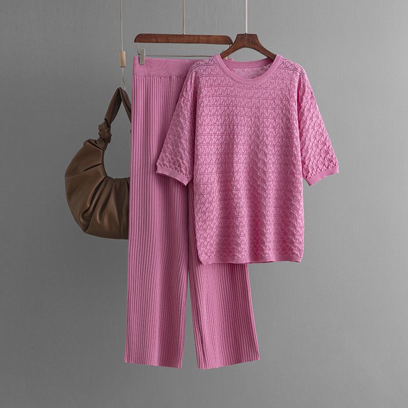 Pantaloni da donna nuovi, tinta unita, casual, scollo rotondo, alla moda, a maniche corte, in maglia, due pezzi_voghion.com