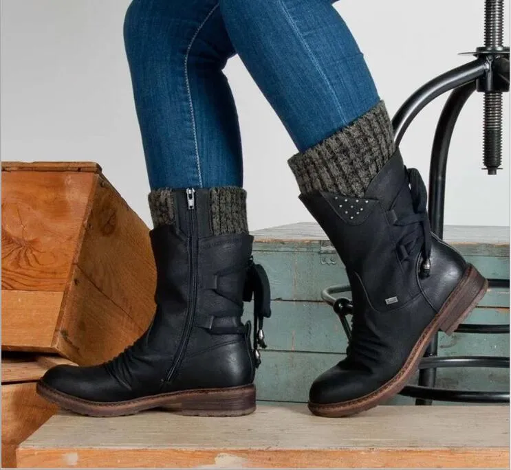 Women Retro Mid-Calf Ladies Fashion Snow Boots Shoes Thigh High Suede Warm Botas Wool knitted socks Martin shoes_voghion.com
