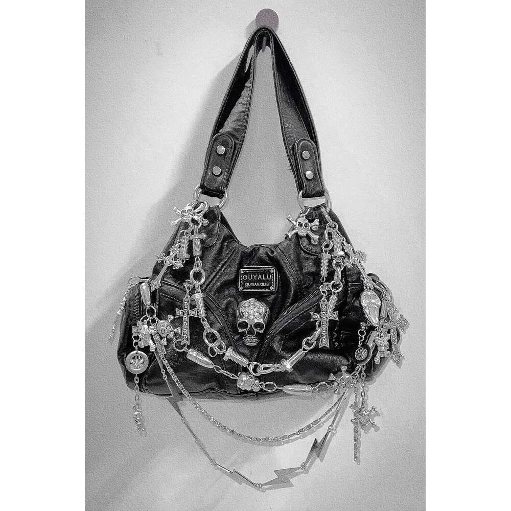 Sac à main à bandoulière unique pour femme Y2k Girl Vintage Haruku plein de chaînes Rivet Spike Gothic Punk Tote Steampunk_voghion.com