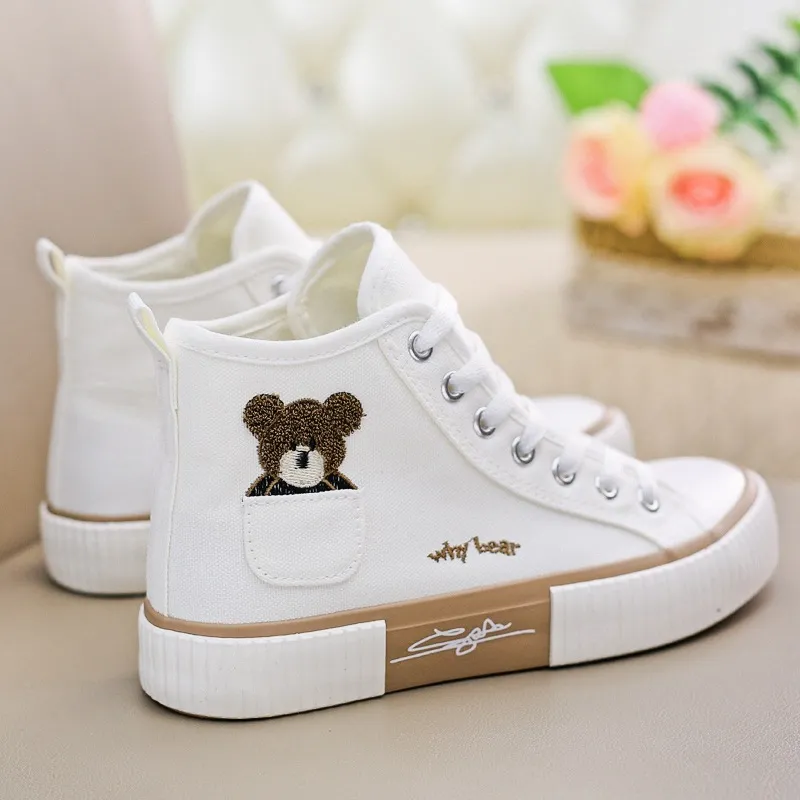 Comemore High-Top Canvas Frau Vulkanisierte Schuhe Wohnungen Casual Espadrilles Für Frauen Frühling Dame Schwarz Weiß Bär Lace Up_voghion.com