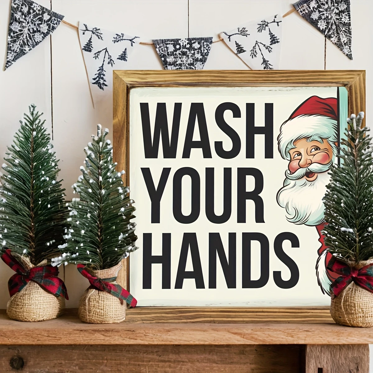 8x8" Vintage Weihnachtsmann "Wasch deine Hände" Holzschild - Rustikale Wandkunst für Küche, Bad & Büro | Einzigartiges Weihnachtsgeschenk_voghion.com